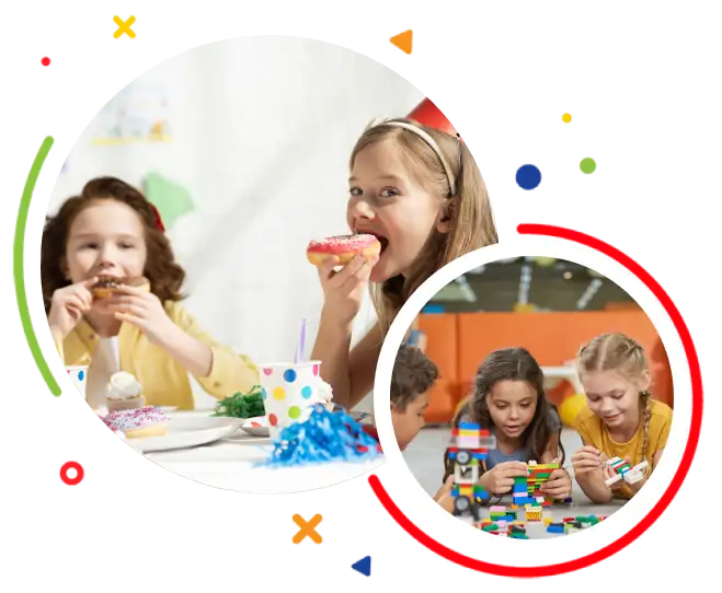 Young kids enjoying tasty treats and playing with legos